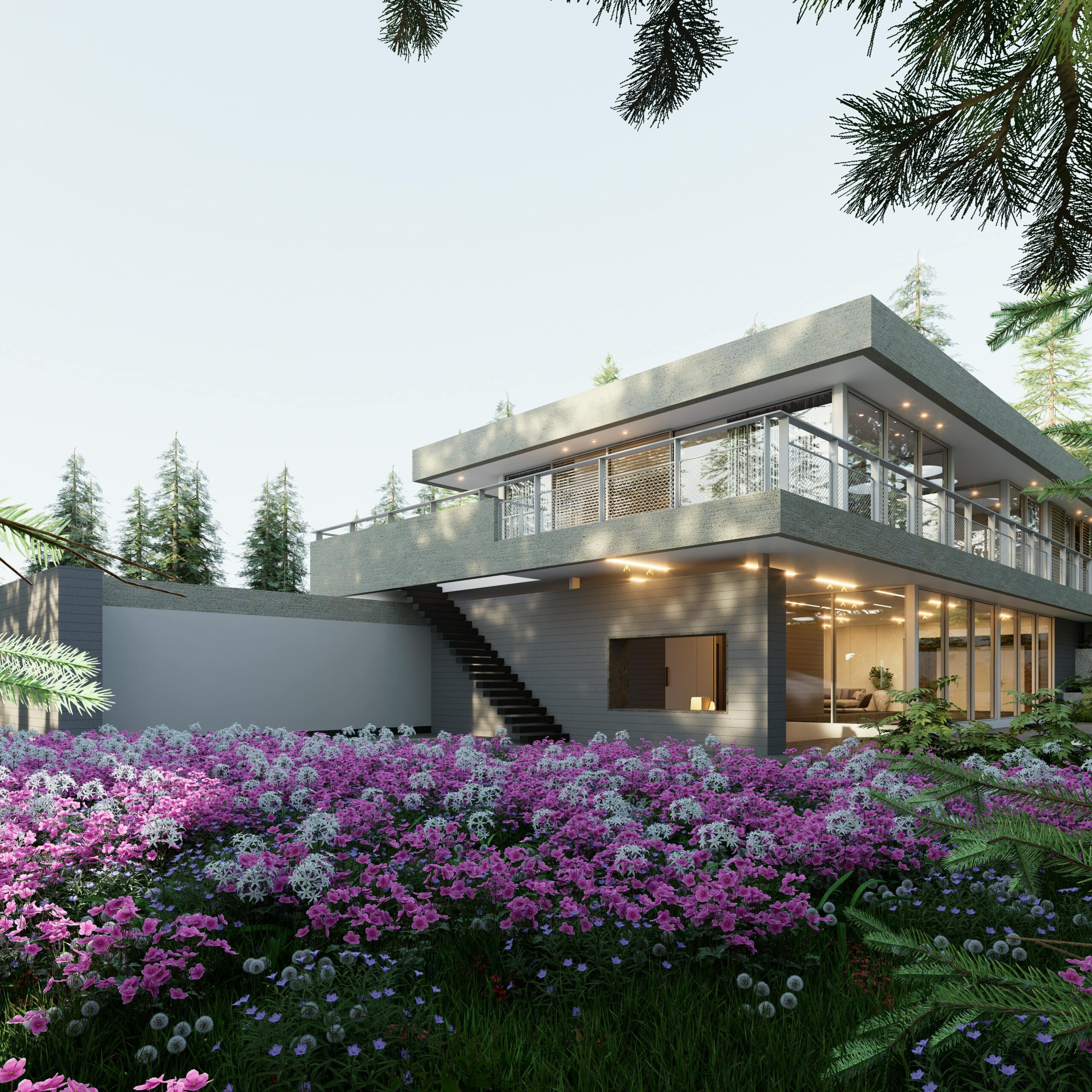 Stunning modern villa surrounded by colorful flowers and forest backdrop.